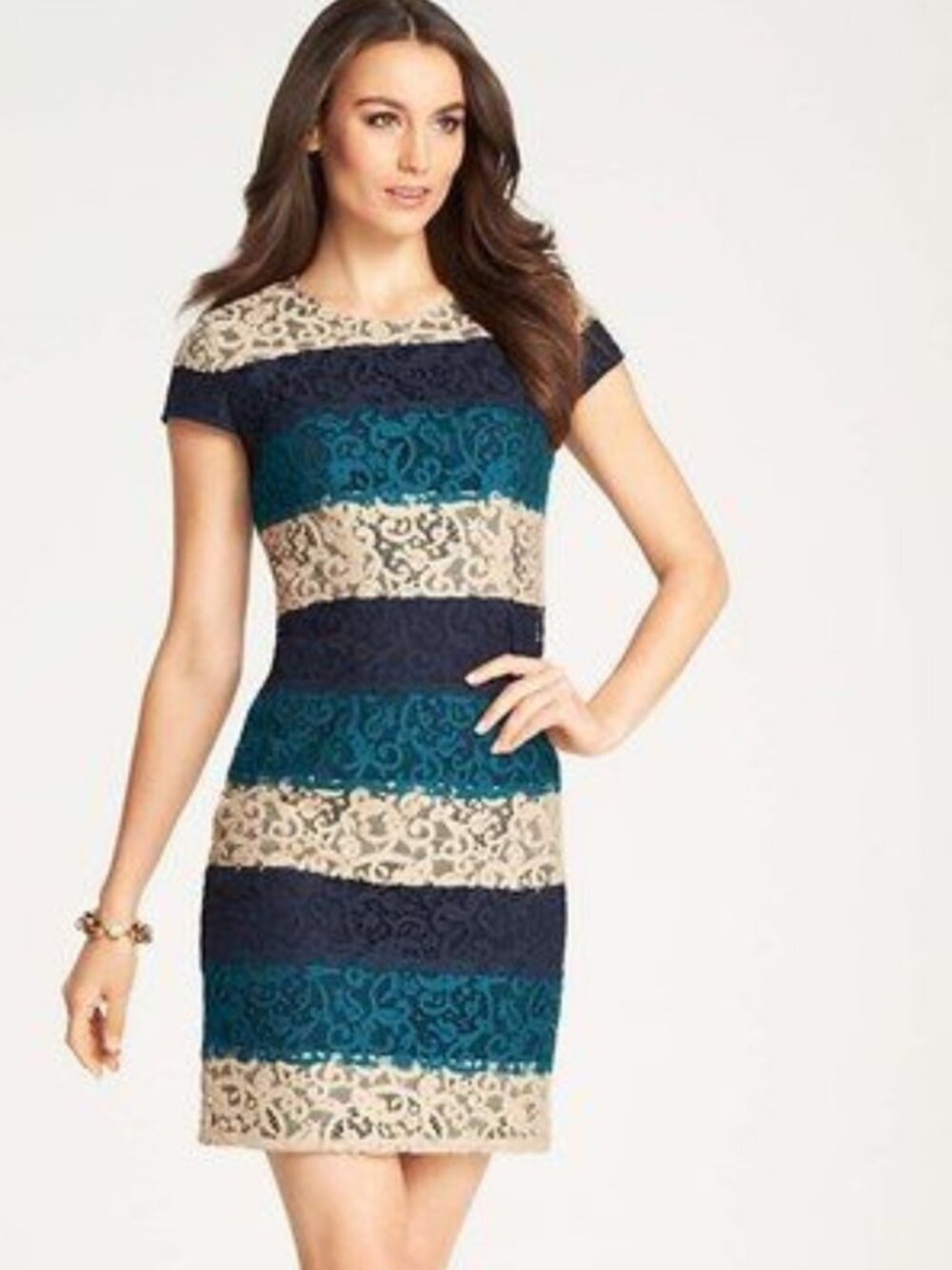 Ann Taylor Navy Blue Teal Cream Striped Floral Lace Tiered Dress NWOT